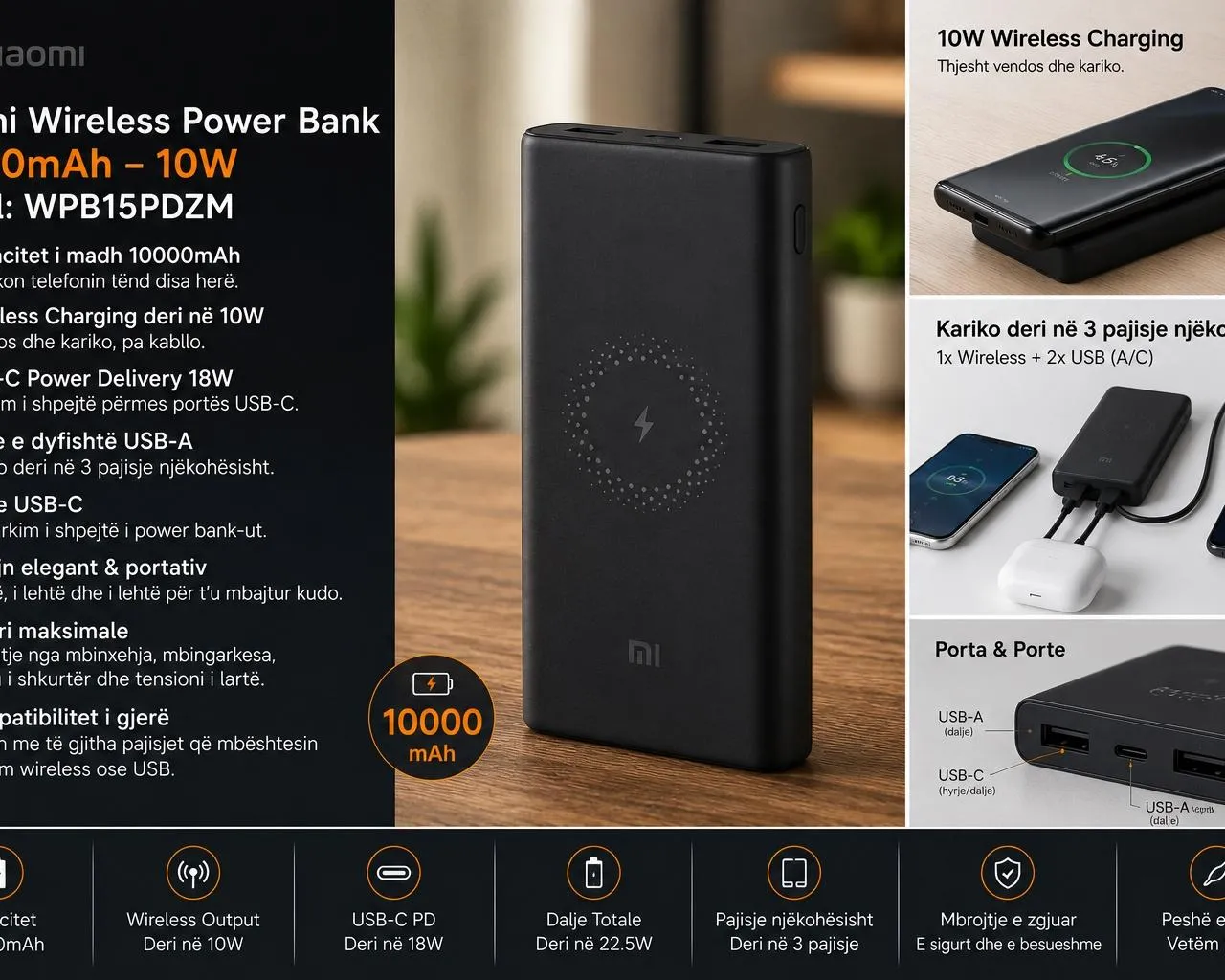 Xiaomi Power Bank 10000mAh - Wireless 10W, USB-C, si i ri